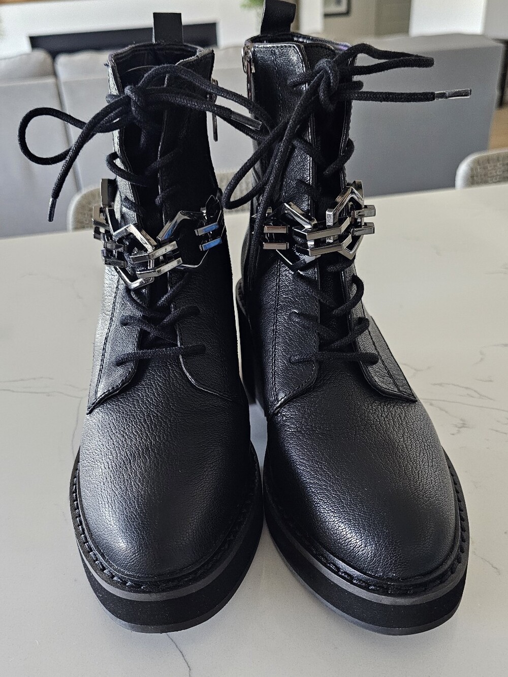 Vince Camuto Black Lace-Up Combat Boots w/Chain Hardware Women's Sz 10 NWT